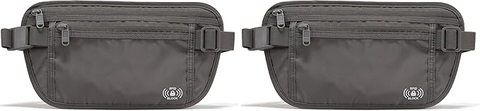 Pander RFID Blocking Travel Money Belt – Hidden Waist Pouch for Passport, Cash, Cards, Slim Belt Bag for Men and Women, Dim Grey (Pack of 2)