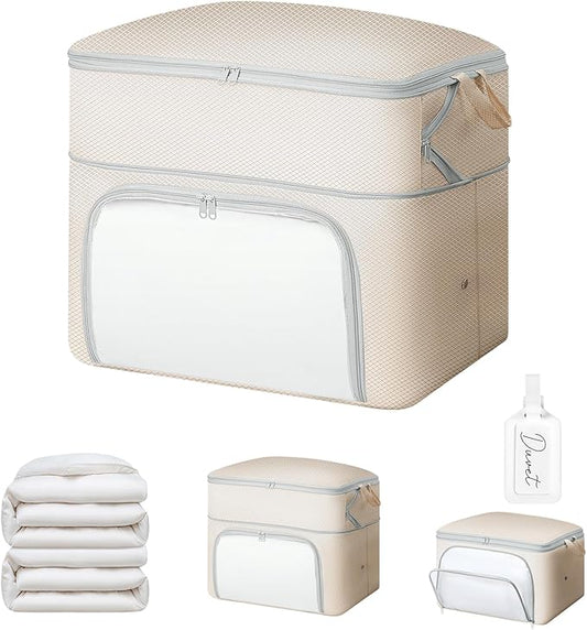 Comforter Storage Bag - Large Capacity Blanket Storage Bags Front-opening Ultra Space Saving Self Compression Organizer, Washable Compression Bags for Storage Comforter Blanket, 1 Pack, Beige