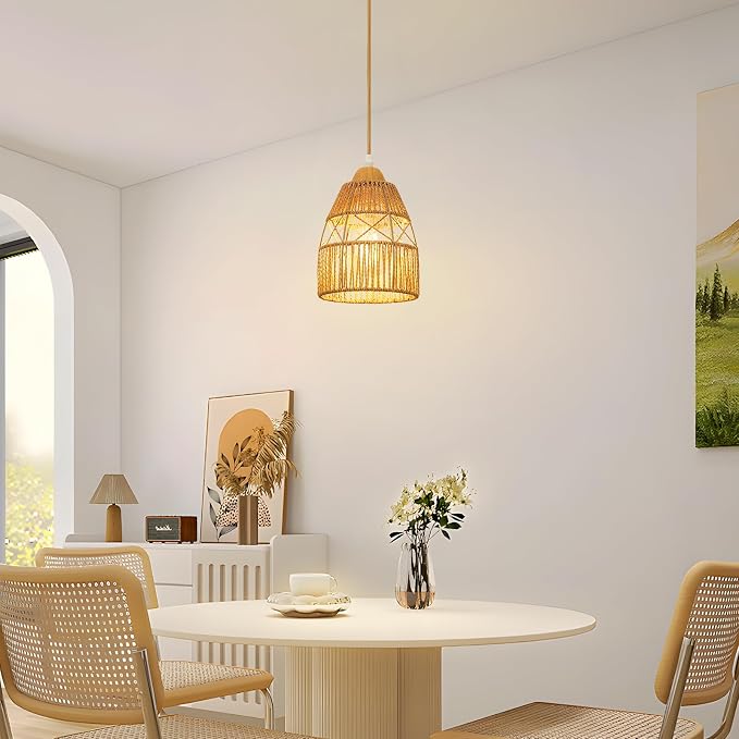 Boho Rattan Pendant Light for Kitchen Island Cone Hanging Lamp | Handwoven Rattan Shade Adjustable Height 10-57 Inch E26 Base Farmhouse Chandeliers for Kitchen Islands And Dining Rooms