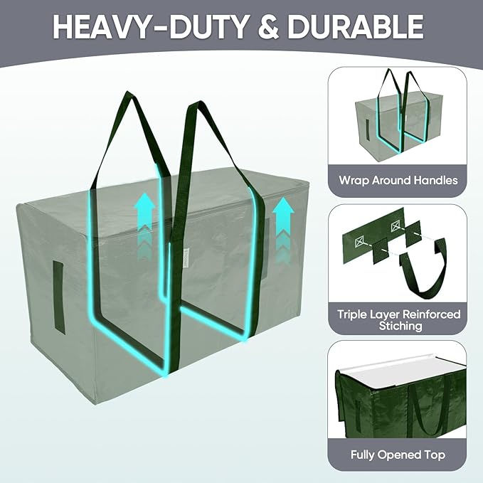 TICONN 2 Pack Extra Large Moving Bags Heavy Duty with Zippers & Carrying Handles, Durable Storage Bags Moving Boxes for Closet Organizers and Storage (2 Pack, Olive)