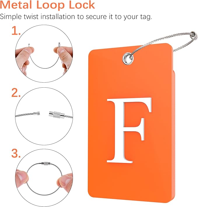 Gostwo 2 Pack Luggage Tags for Suitcases, 26 Initial Letter Travel Luggage Baggage Identification Labels ID Tag Fully Bendable Tags with Stainless Steel Loop (Orange) (Letter F)