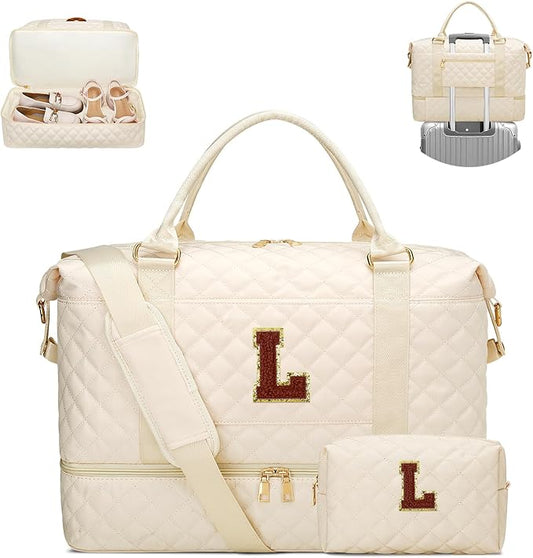 Gifts for Women Initial Travel Duffle Bag Quilted Weekender Bags Carry-On Overnight with Cosmetic Bag, Gym Bag with Shoe Compartment Hospital Bag for Women Labor Delivery, Beige-L