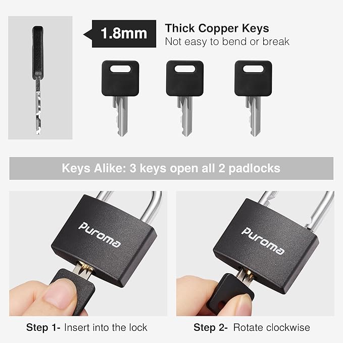 Puroma Lock Keyed Padlock, 2 Pack Aluminum Locks with 3 Keys Alike, 7/8 Inch Locker Lock 43mm Small Padlocks for Gate, Fence, Shed, Toolbox, School Gym Locker (Black)