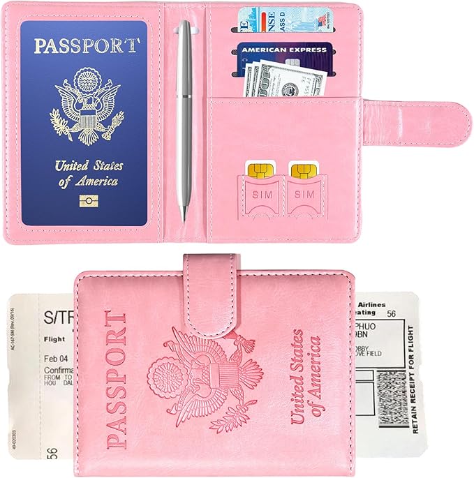 Sizobi Passport Holder for Travel, RFID Passport Cover Wallet for Women Men, Leather Passport Book Card Holder Case for International Travel Must Haves Accessories, Cruise Ship Essentials Gifts, Pink