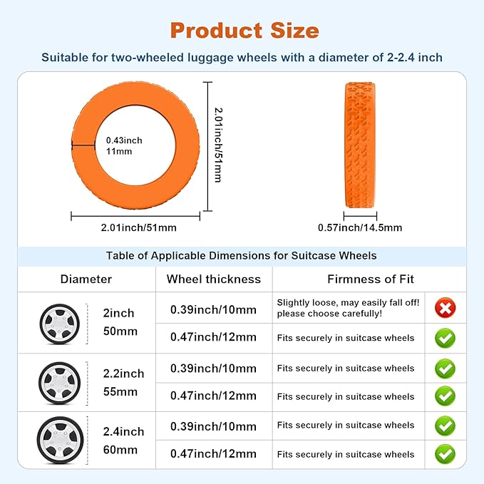 8 Pack Luggage Wheel Covers,Silicone Protective Covers for 2-2.4" Suitcases Spinner Wheel,Upgraded Wear-Resistant, Silent, Shock Absorption Luggage Accessories for Carry-On Travel(Orange)