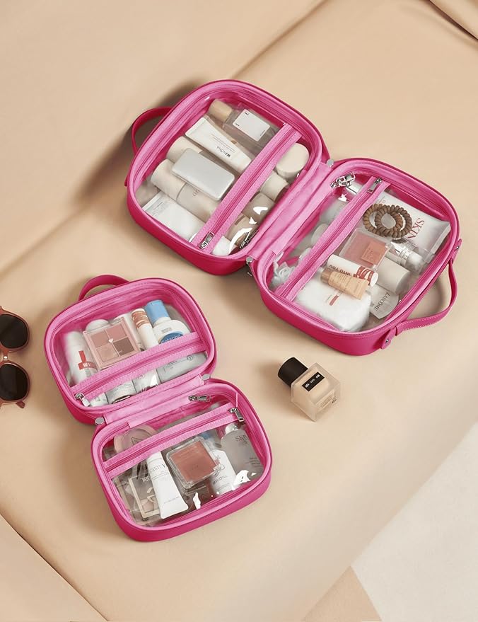 Clear Cosmetic Bag Double Layer Travel Toiletry Bag Clear Makeup Bag Case with 4 Compartments, Transparent Travel Bag for Toiletries, Large Toiletry Bag for Women Cosmetic Case (Hot Pink, Small)