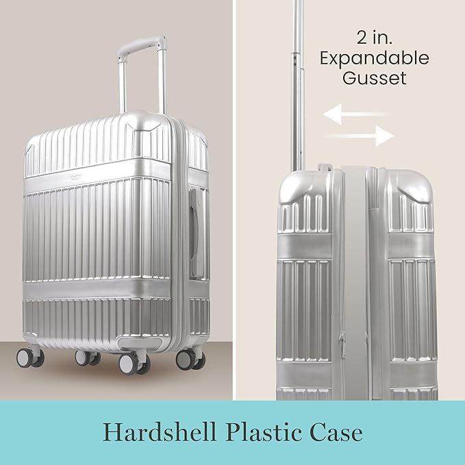 Martha Stewart The Bedford 30 Inch Rolling Luggage, Hardshell Suitcase with Spinner Wheels, Silver