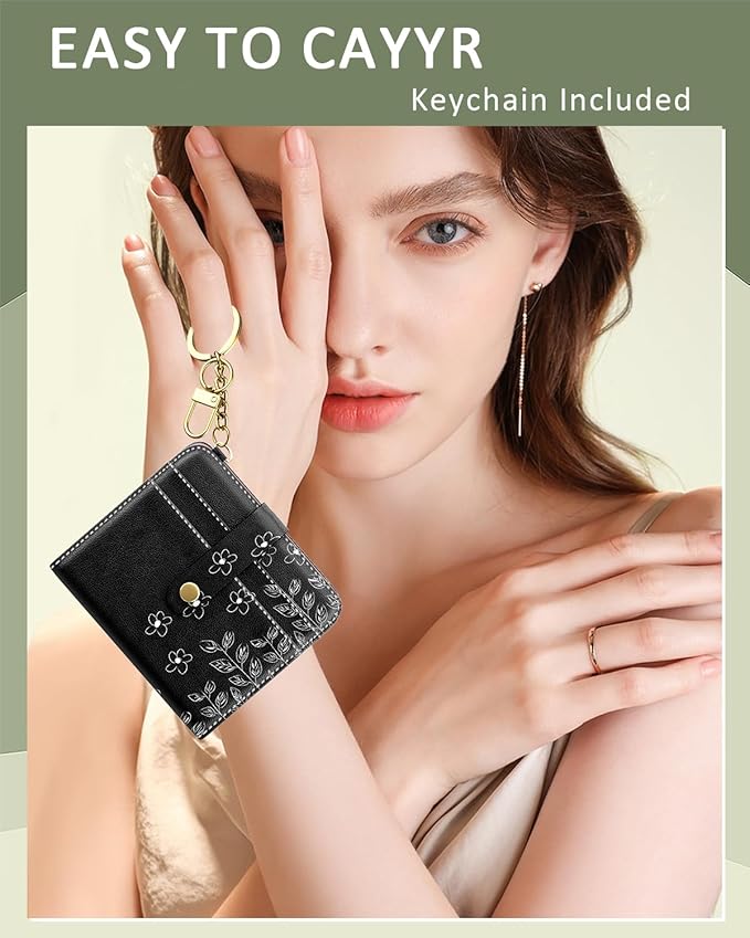 Aiawoxc Womens Wallet, RFID Small Wallets for Women, Slim Compact Credit Card Holder, Cute Leather Bifold Ladies Purse with Zipper Coin Pocket and ID Window, Pinwheel Flowers