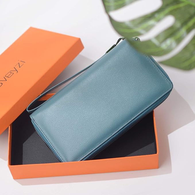 Bveyzi Women RFID Blocking Wallet Leather Zip Around Phone Clutch Large Capacity Ladies Travel Purse Wristlet | RFID Blocking, Zip Around, Large Capacity