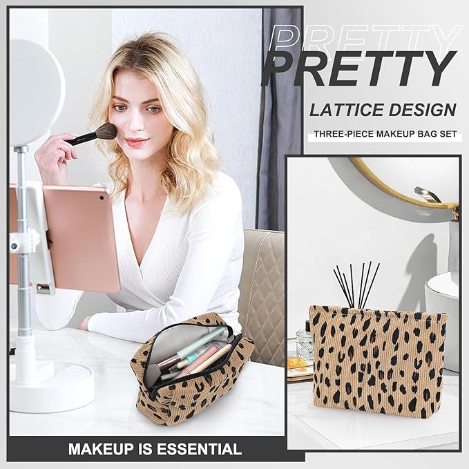 EIMMBD Makeup Bag 3 Pieces Large Capacity Cosmetic Bags Travel Toiletry Bag Organizer Cute Makeup Pouch Storage for Women(Brown Leopard)