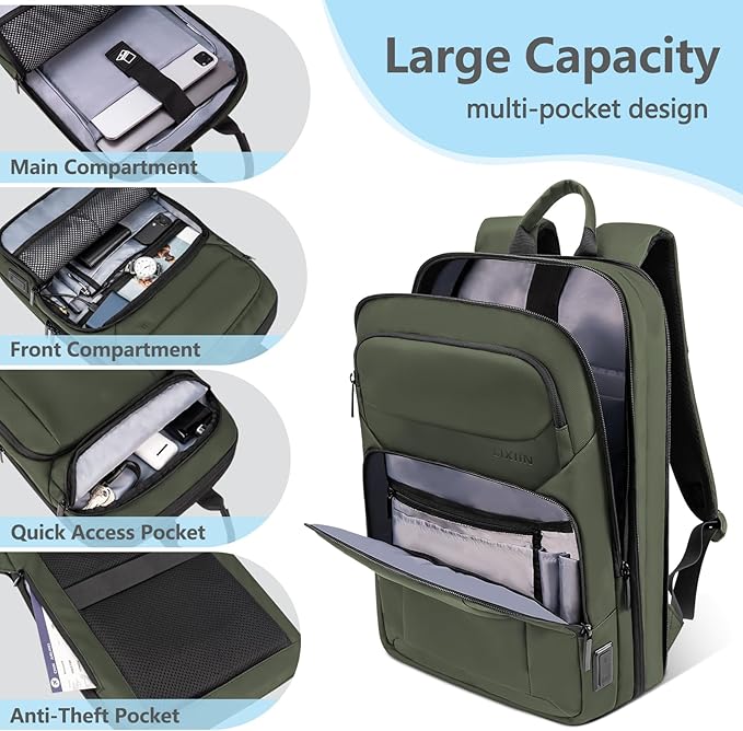 Backpack for Men Slim & Expandable Travel Laptop Backpack with USB Charging Port Water Resistant Anti-Theft Business Backpack Fits 17.3In Laptop for Commute Work College with Small Bag(Olive Green)