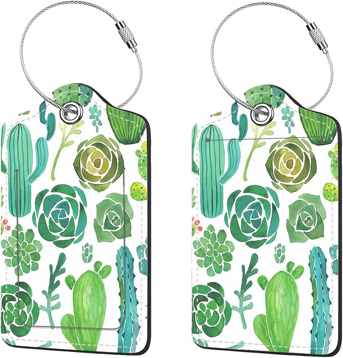 2 Pcs Luggage Tags for Suitcase, Cute Unique PU Leather Travel Bag Tag with Privacy Cover ID Label Address Card and Durable Metal Ring Suitable for Men Women Children Backpack,Cacti