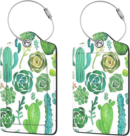 2 Pcs Luggage Tags for Suitcase, Cute Unique PU Leather Travel Bag Tag with Privacy Cover ID Label Address Card and Durable Metal Ring Suitable for Men Women Children Backpack,Cacti