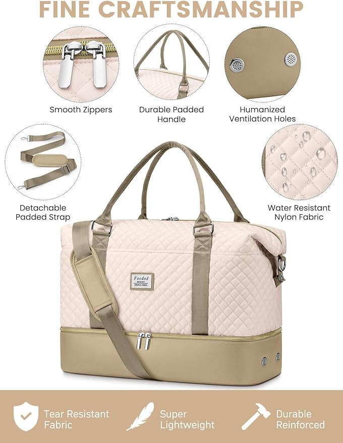 Travel Weekender Duffle Bags for Women: Overnight Bags with Shoe Compartment Large Carry on Weekend Bag with Toiletry Bag & Wet Pocket Tote Duffel Hospital Bag for Women Labor Delivery Beige Khaki
