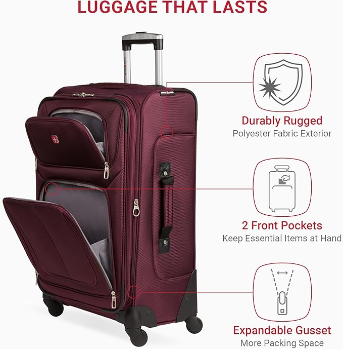 SWISSGEAR Sion Softside Expandable Spinner Luggage Durable Lightweight Travel Suitcase, Merlot, Checked-Medium 25-Inch