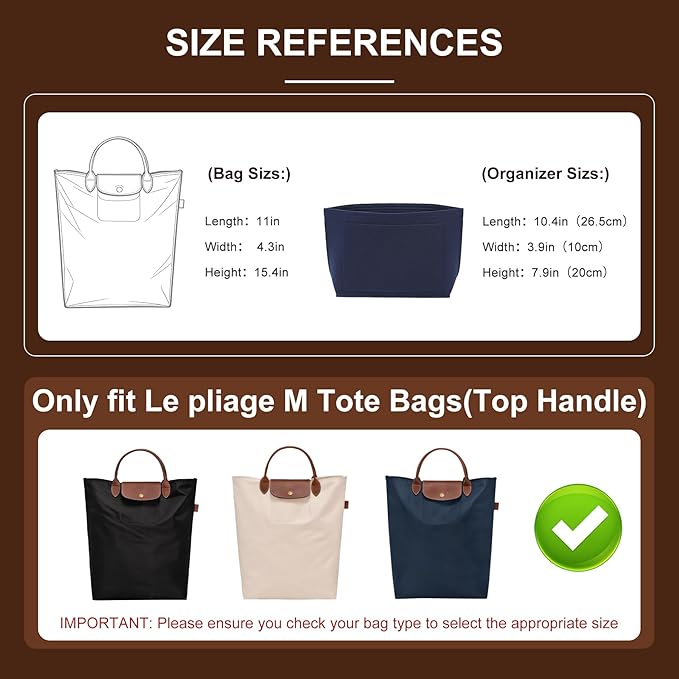 Doxo Felt Purse Organizer Insert for Longchamp Le Pliage M Totes, Longchamp Orgainzer Insert Meduim with 7 Compartments & YKK Zipper | Fits Long Champ Meidum Top Handle Tote Bag (SM, Navy)