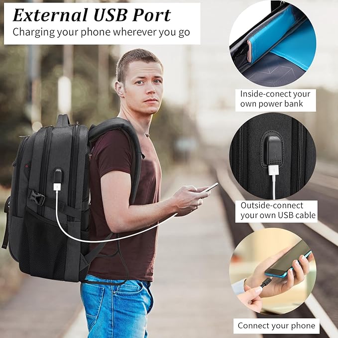 DUSLANG 17 Inch Laptop Backpack for Travel with Backpack Rain Cover College Backpack for Men Laptop Bag with USB Charging Port,Dark grey