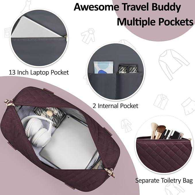Quilted Travel Duffle Bag for Travel Women with Toiletry Bag, Large Weekender Bags for Women Carry on Duffel Overnight Bag, Waterproof Travel Tote Bags for Sports, Weekender, Business, Red