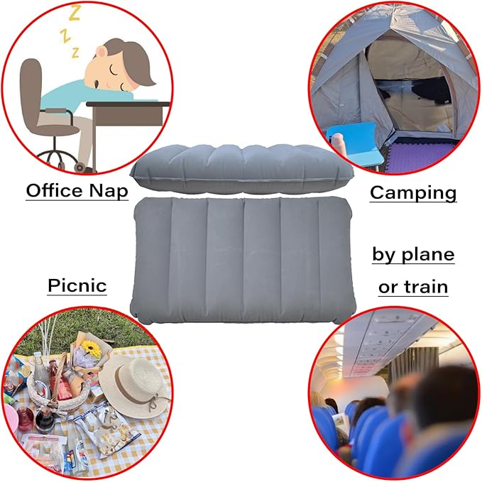 Gray Ultralight Inflatable Pillow Small Squared Flocked Fabric Air Pillow for Beach Hiking,Camping,Traveling,Napping,Desk Rest,Neck &Lumbar Support(1 Pack)
