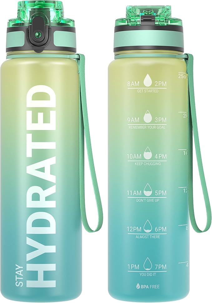 Sahara Sailor Water Bottle, 32/25/17oz Durable and Leakproof Water Bottles Motivational with Time Marker, Tritan, BPA Free, Wide Mouth with Easy Clean Brush for Gym, Travel, School, Office (1 Bottle)