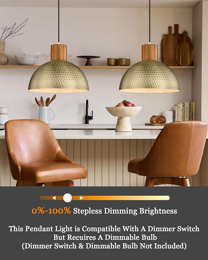 ELYONA Vintage Pendant Light Fixtures, 12” Brushed Brass Hammered Metal & Rubber Wood Industrial Dome Hanging Lamp, Antique Gold Kitchen Pendant Light for Island, Farmhouse, Sink, Dining Room, Hallway
