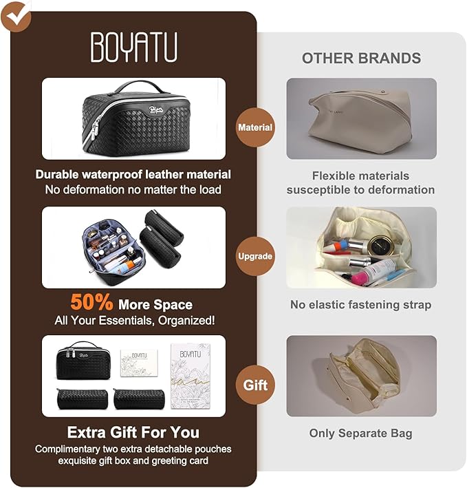 BOYATU Travel Makeup Bags for Women: 3 Pcs Large Make up Bags Set - Vegan Leather Cosmetic Bag for Traveling - Waterproof Toiletry Organizer (L05 Black)