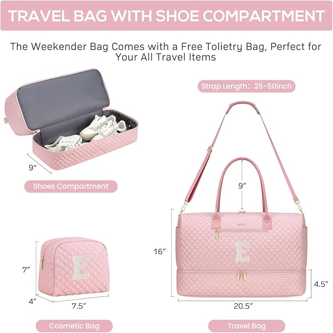 Letter Weekender Bags for Womens - Duffle Bag with Shoe Compartment Personalized Overnight Bag with Toiletry Bag Duffel Bags for Gym Hospital Bags Gift for Women Pink (Letter E)