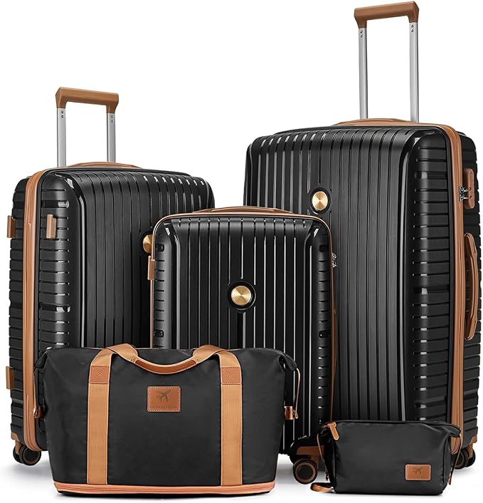 Joyway Luggage Sets 5 Piece PP Hardshell Carry on Suitcase, Travel Lightweight Carry-on with Double Spinner Wheels and TSA Lock, Black Brown