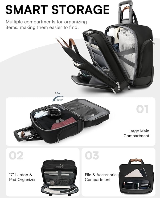 Rolling Laptop Bag, Briefcase for Men and Women, 16 Inch Computer Bag with Wheels Underseat Carry on Luggage, Laptop Briefcase Case for Work, Travel, College Teacher, Mobile Office Bag, Brown
