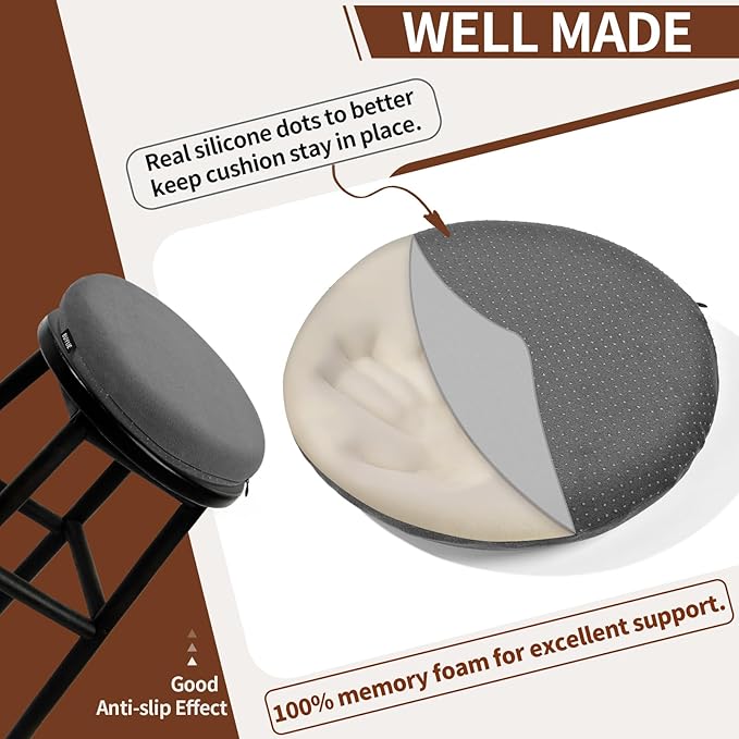 BUYUE Memory Foam Seat Cushion, Dia 15" Soft Velvet Round Stool Cushion Anti-Slip Chair Pads, M, Dark Grey