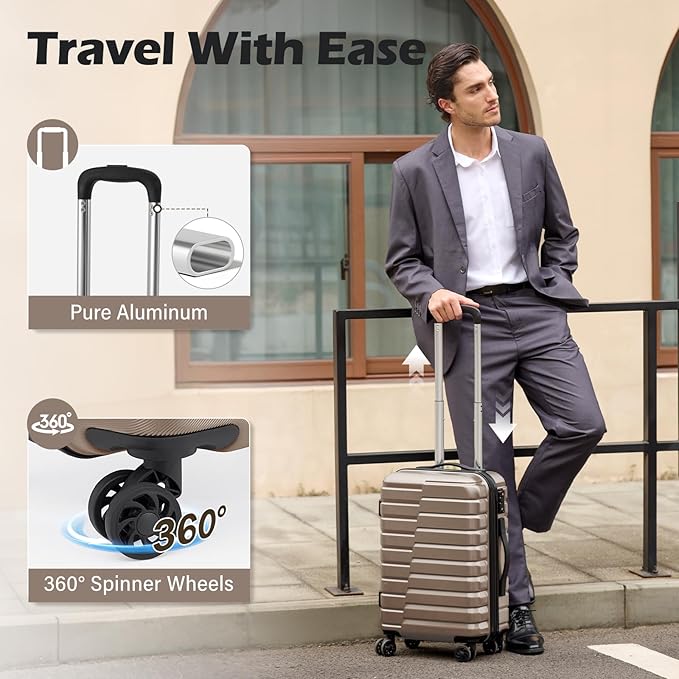 Coolife Luggage Sets, 3 Piece Hard Shell Suitcase Set with Spinner Wheels, Expandable Large Checked Luggage, Lightweight Rolling Carry On with TSA Lock Brown