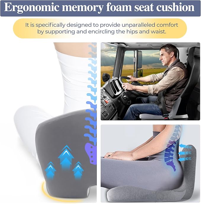 Ergonomic Seat Cushion with Adjustable Strap, Memory Foam Office Chair Seat Cushion with L-Shaped Design, Car Seat Cushion Fits for Truck Driver Semi Truck, Gaming Chair, Desk, Light Gray