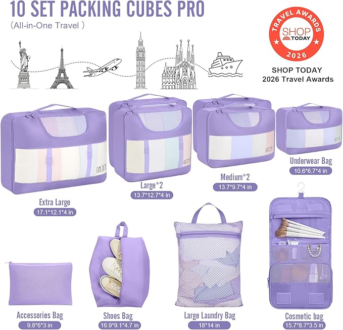 Veken 10 Set Packing Cubes for Travel Essential, Suitcase Organizer Bags in 4 Sizes, Carry-On Luggage Accessories with Large Laundry & Hanging Toiletry Bag, Must-Have for Airplane, Road Trip & Camping