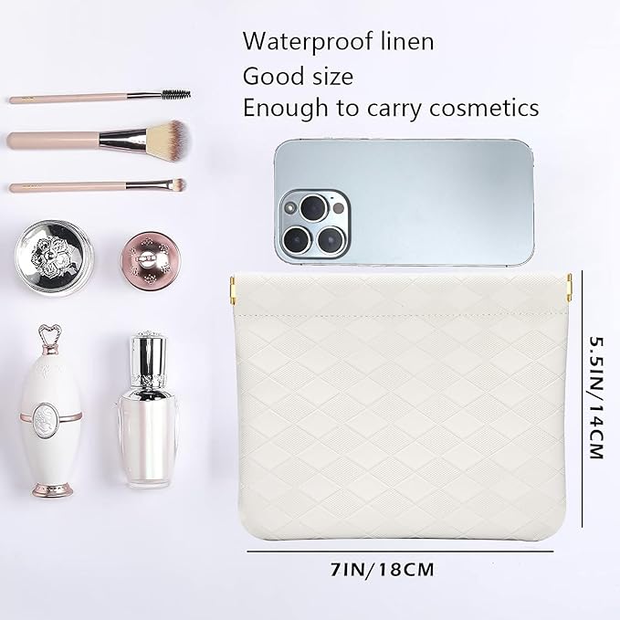 Leather Pocket Cosmetic Bag for Purse,Coin Purse Lipstick Cosmetic Accessories Organizer, Travel Kit Storage Pouch,Waterproof Portable No Zipper Self-closing (White/lozenge)