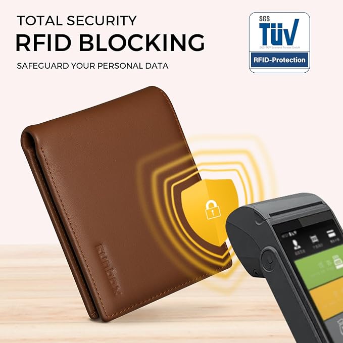 RUNBOX Leather Wallet for Men, Genuine Leather Mens Wallet Bifold Rfid Blocking with 12 Cards and 2 ID Windows, Minimalist Wallet for Men with Gift Box