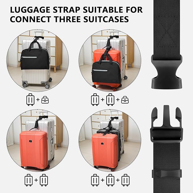 BILIONE Luggage Connector Straps, Suitcase Straps to Connect 3 Suitcases or Add A Bag, Luggage Straps for Suitcases Adjustable Buckle Belt, 2Pack Black