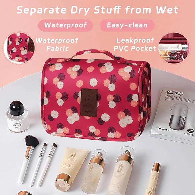 Toiletry Bag Travel Bag with Hanging Hook, Waterproof Capacity Hanging Multifunctional Makeup Bag for Toiletries, Portable Cosmetic Bag Travel Organizer for Women and Men(Wine Red FLower)