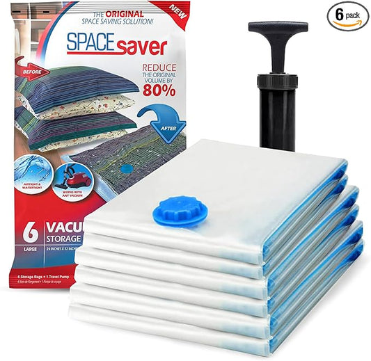 6 Pack Large Vacuum Storage Bags for Comforters, Blankets & Clothes – Vacuum Sealed Compression Bags with Hand Pump – Space Saver Storage Bags for Bedding, Moving, Travel & Organization