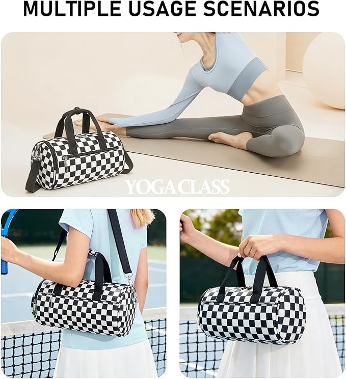 Mini Gym Bag for Women Girls Cute Small Duffle Bag 12'' with Multifunctional Pockets Workout Sport Bags Dance,Fitness,Yoga (Balck-white checkered)