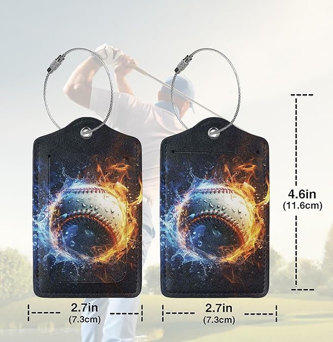 2 Pack Luggage Tags for suitcases Baseball Water Fire TSA Approved Label Luggage Tag Baggage Tag Leather Stainless Steel Loop Label Tag for Men Women Travel Bag Suitcase