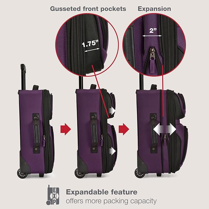 U.S. Traveler Rio Lightweight Softside Rolling Carry-on Suitcase, 2-Wheel Single, Purple