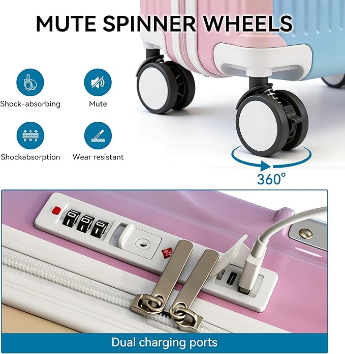 Carry On Luggage with Spinner Wheels,PC Hard Shell Suitcase with USB Port,Lightweight Travel Luggage Airline Approved for Men Women,Colorful,3-Piece Set (14/20/24)