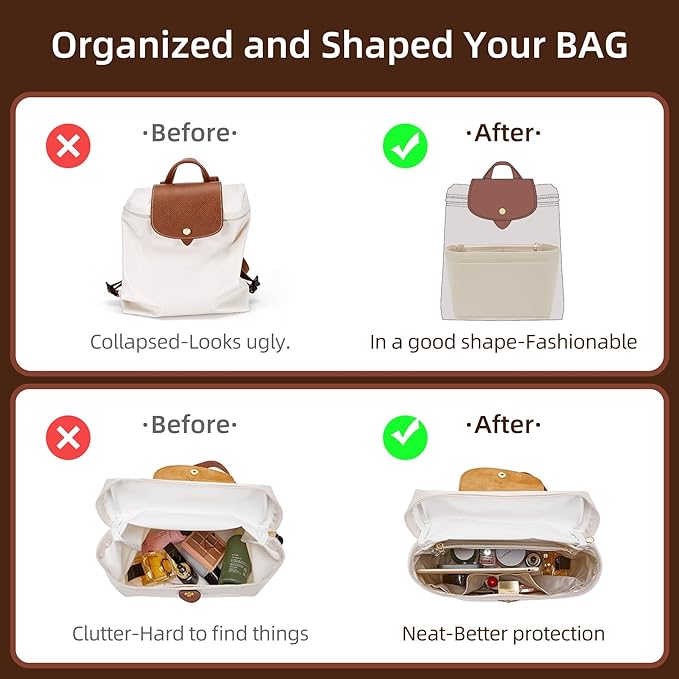 Doxo Backpack Organzier Insert Compatible with Longchamp Le Pliage Bag and More (9" L x 3.2" W x 6.7" H, Beige)