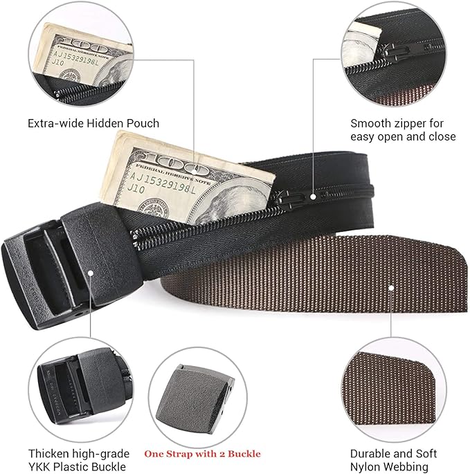 Travel Security Money Belt with Hidden Money Pocket - Cashsafe Anti-Theft Wallet Unisex Nickel free Nylon Belt by JASGOOD