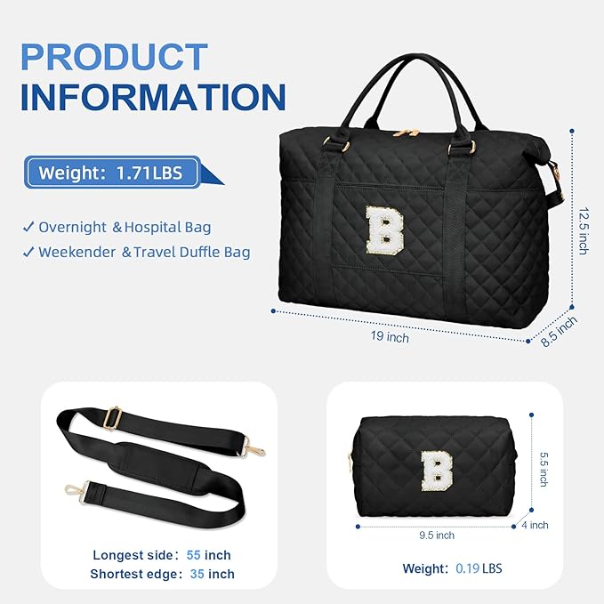 Gifts for Women, Initial Travel Duffle Bag, Personalized Weekender Overnight Bags, Gift for Mom Friend College Girl Graduation Teacher（Black,B)