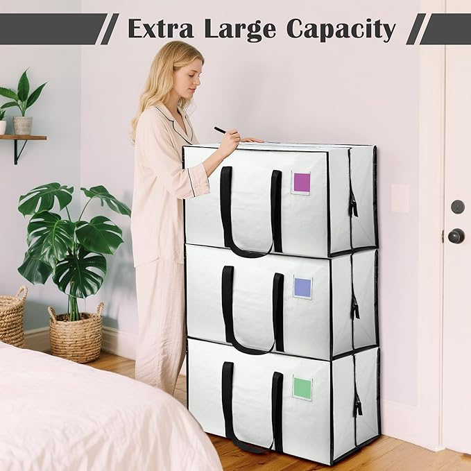 6 Pack Extra Heavy Duty Large Moving Bags with Reinforced Zipper & Wide Handles, Waterproof Storage Bins for Clothes, College Dorm, Travel, and Home Organization, White