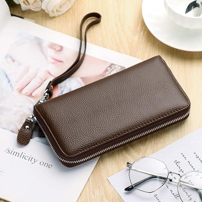 Moflycom Womens Wallet RFID Blocking Genuine Leather Zip Around Wallet Clutch Wristlet Travel Long Purse for Women