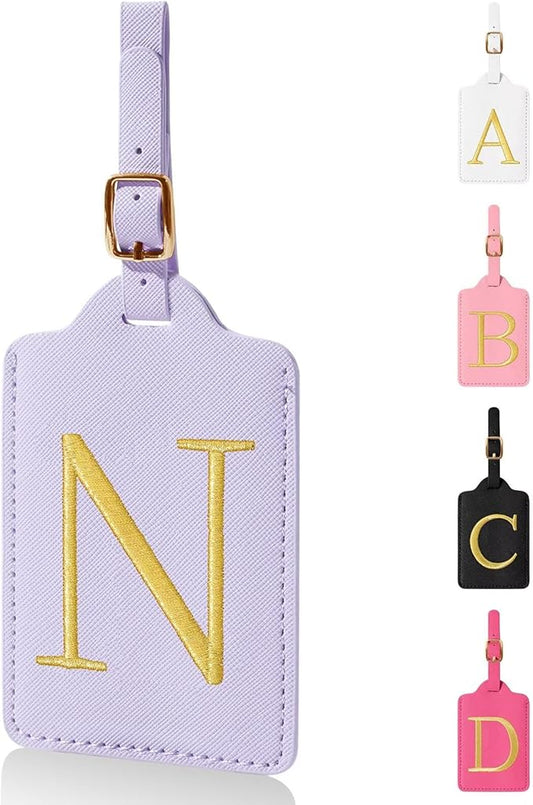 Personalized Initial Luggage Tags for Suitcases,Leather Letter Cute Luggage Tags with Privacy Name Card,Embroidered Monogrammed Travel Bag Backpack Tag Gifts for Women Kids Girls Teens(Purple-N)