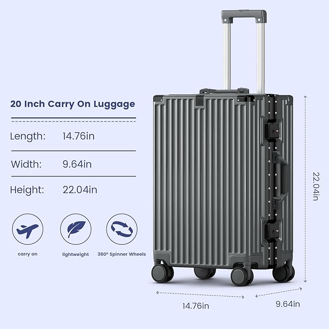 20 Inch Carry On Suitcase, Aluminum Frame Zipperless Hard Shell Luggage with Spinner Wheels, TSA Lock, USB Charging Port, Phone Holder, Cup Holder for Business Travel and Trips, Grey
