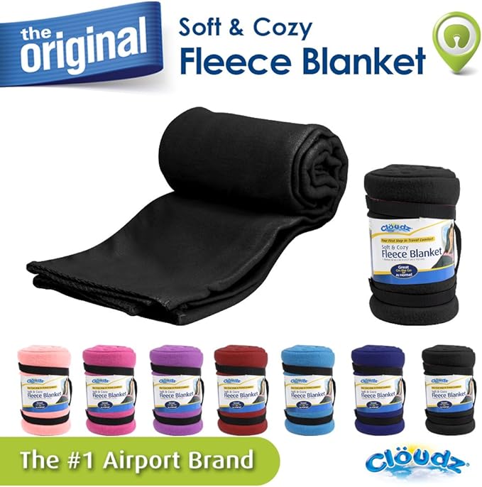 Cloudz Cozy Fleece Airplane Travel Blanket for Your Flight, Car, Camping, Home or Comforting Warmth Anywhere! - Black